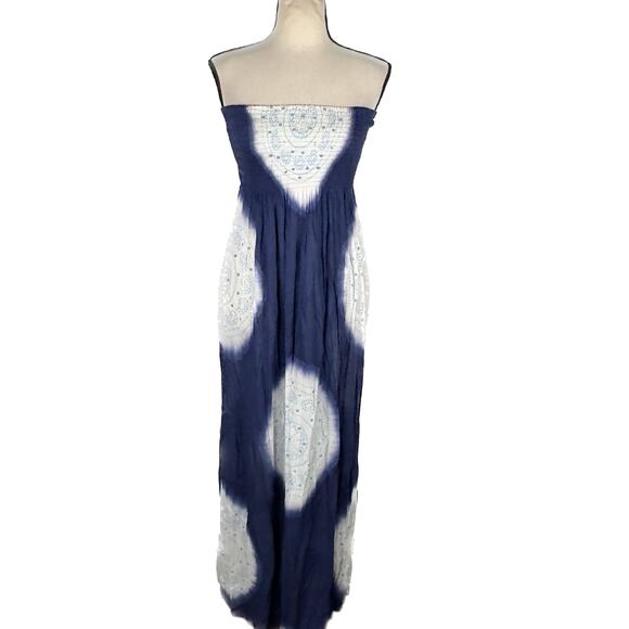 Coolchange Strapless Smocked Maxi Dress Blue White Women's Size Medium - Picture 1 of 7
